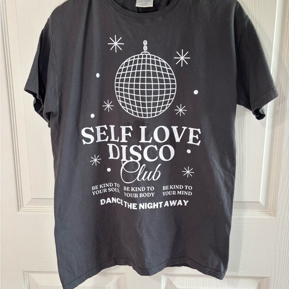 Comfort Wash Black Tee with White 'Self Love Disco Club' Graphic Charcoal